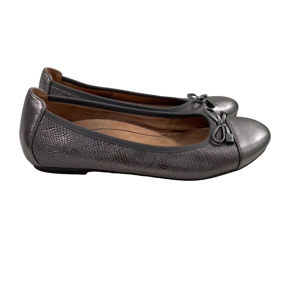 Vionic Minna Pewter Metallic Snake Cap Toe Ballet Flats Shoes Size US 8 EU 38.5